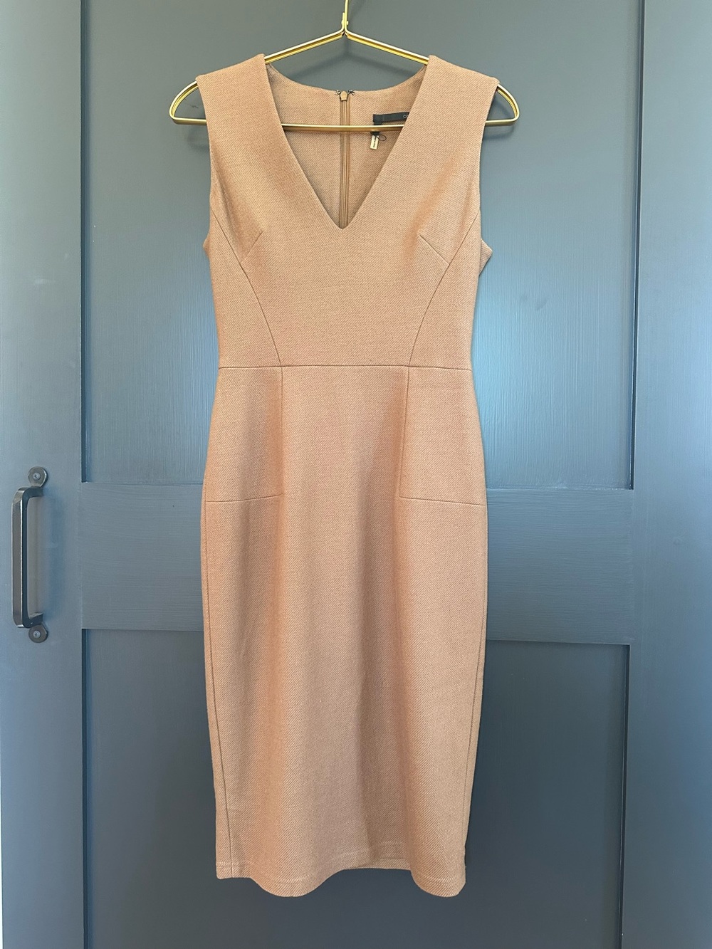 OBAKKI Sleeveless V-Neck Sheath Wool Dress in Dark Camel / size 2
